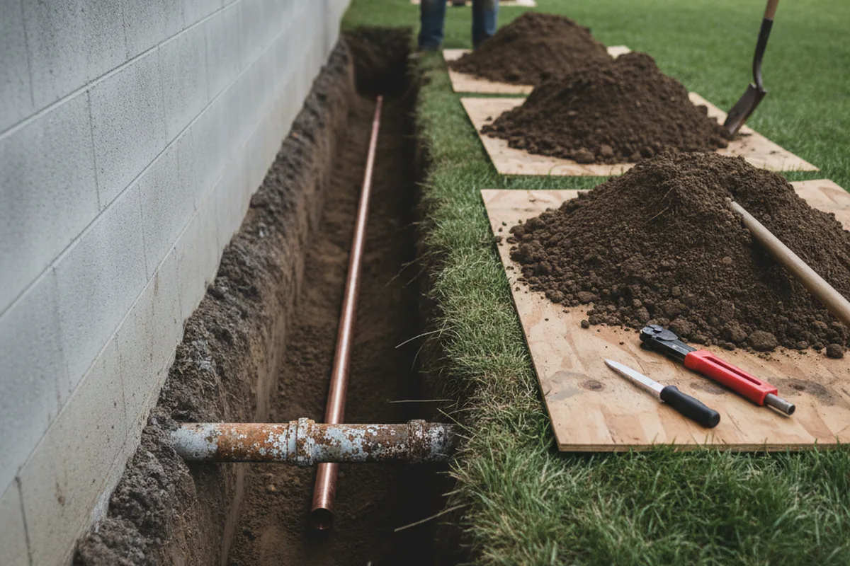 Excavated water line trench during Sewer Line Repair in Boone